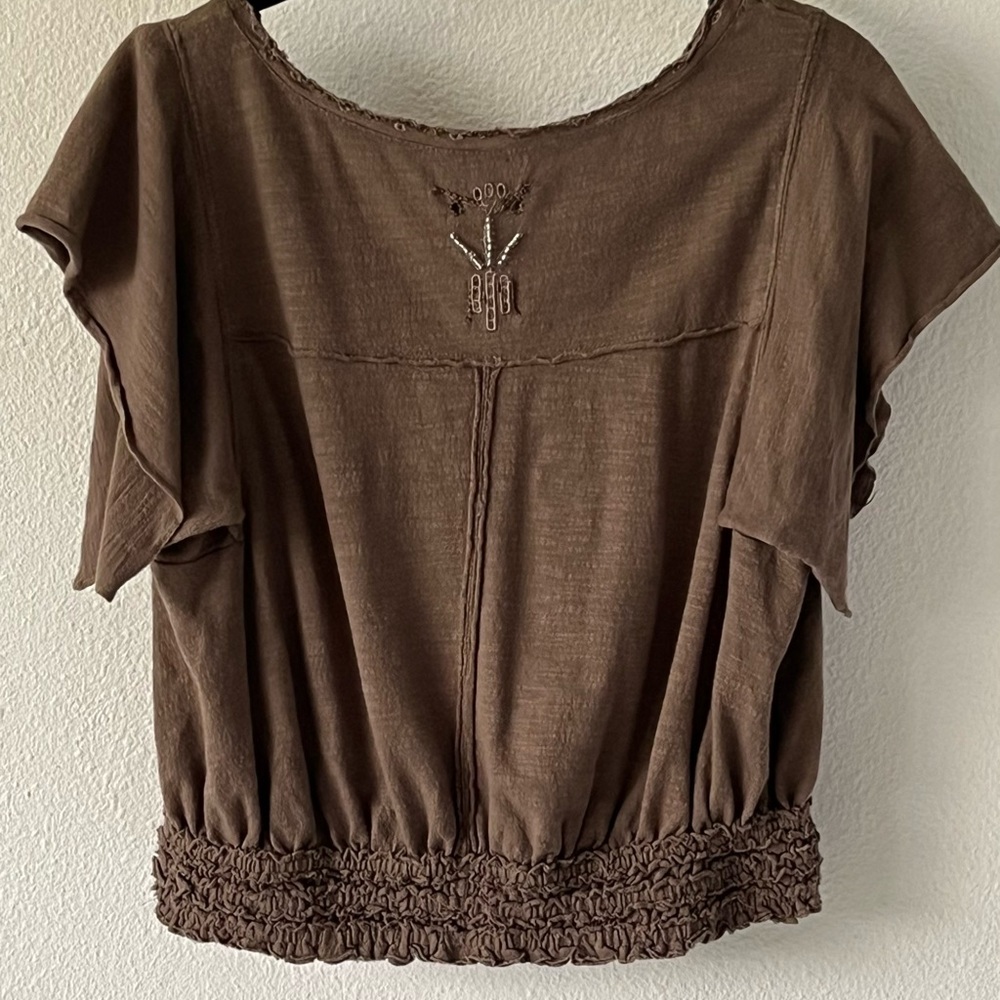 Free People Easy Does It Tee Brown Beaded Top Size Small - Picture 6 of 12
